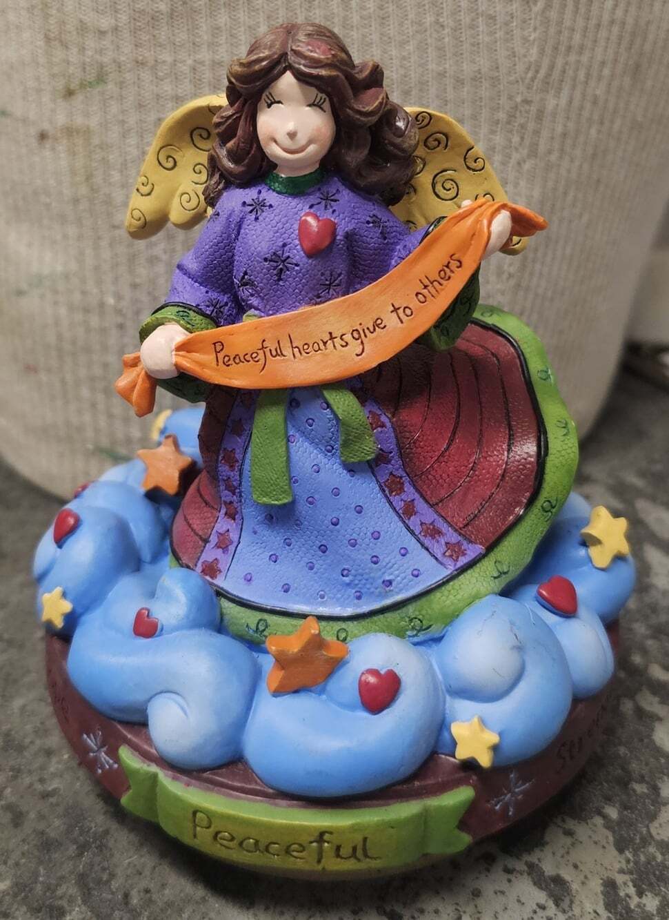 Folk Art Resin Angel Candle Topper Figurine Peaceful Hearts Give To Others